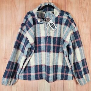 Berkley Jensen Boucle Jacket‎ Womens 2XL Blue Plaid Fleece Quarter-Snap Pullover